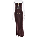 Sleeveless strapless brown maxi dress with gold metal hardware and waist draping - S / Coffee