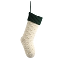 Knitted Christmas stocking with cream fish scale texture and dark green ribbed cuff - Ivory(Body)/Dark Green(Cuff)