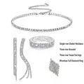 Sparkling silver rhinestone 4-piece jewelry set with necklace, bracelet, ring, and earrings - Silver 4-Piece Set with Ring
