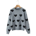 Jersey gris de cuello redondo para mujer con patrones de corazones negros - S / Gris
