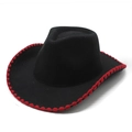 Chapeau de cowboy western noir avec bordure en zigzag rouge et large bord incurvé classique - M(56-58cm) / Noir (Bord Rouge)