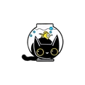 Pin esmaltado de gato negro en pecera con pequeño pez amarillo y burbujas azules - Estilo de Gato Negro y Pecera