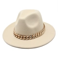 Detailed view of beige jazz felt hat featuring a chunky gold acrylic chain decoration - Single Beige Hat