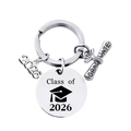 Stainless steel Class of 2026 graduation keychain with diploma and mortarboard charms - Silver-Style B (Graduate Scroll)