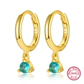Gold-plated S925 sterling silver hoop earrings with a blue round zircon gemstone charm - Gold - Light Green Zirconia