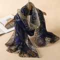 Long chiffon scarf with navy blue leopard print and golden baroque chain patterns - Navy Gold Leopard