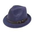 Navy blue wool felt fedora hat featuring a dark brown leather band and golden buckle - M (56-58cm) / Navy Blue