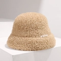 Detail of warm lamb wool bucket hat in beige with elegant pearl decorations - Khaki