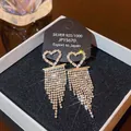 925 silver fringe earrings with hollow heart shape and sparkling white zircons in box - E0347 Gold Silver Needle (Heart Full Diamond Tassel Gold)