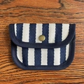 Blue and white striped canvas coin purse with snap button and navy binding trim - Dark Blue Striped