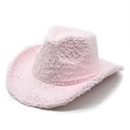 Close-up detail of the pink plush fabric and wide brim texture of the western cowboy hat - M (56-58cm) / Pink