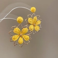 Close-up of yellow woven raffia flower earrings with elegant gold-tone metal frames - 43# 925 Sterling Silver Earring Post-Yellow-Raffia Hollow Flower (HE24970)
