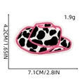 Detail view of cow print cowboy hat patch with pink trim and size measurements - Cow Print Cowboy Hat
