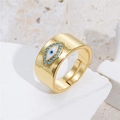 Gold-plated Evil Eye open ring with turquoise and blue cubic zirconia on a stone pedestal - Adjustable Open / Gold Classic (11386)