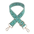 Detail of 3.8cm jacquard wide shoulder strap with gold metal swivel hooks and buckle - Silver Clasp / White/Green Peacock Blue