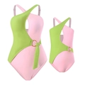 Pink and green color block one-piece swimsuit with golden ring detail and cutouts - S / Yellow-Green