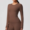 Ensemble de yoga marron foncé à manches longues avec tissu brossé doux et respirant - Marron châtaigne