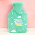 Mint green plush hot water bottle cover with galaxy theme on white faux fur - 350ml / Green Planet Regular