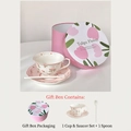 Service à café en céramique à motif floral rose avec soucoupe, cuillère et coffret - Coffret Cadeau: 1 Tasse & 1 Soucoupe & 1 Cuillère