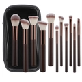 Set di 10 pennelli trucco marrone caffè con dettagli oro rosa e custodia nera con zip - Set di 11 pennelli per trucco color caffè (con borsa semitrasparente)