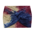 Detail of bohemian wide headband with dark blue and red tie-dye print and center knot - Blue Red Tie-Dye