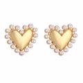 Detailed close-up of heart-shaped gold earrings with embedded imitation pearls - Gold Flower Stud Earrings 1 Pair