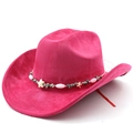 Detail view of pink suede cowboy hat featuring bohemian beaded band and star accents - Rose Red