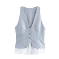 Damen 2-in-1 Streifenweste mit V-Ausschnitt und weißem Hemdsaum in Hellblau - XS / Hellblau