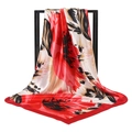 Elegant floral silk-feel square scarf with red borders and abstract artistic print - 90x90cm / Bright Red