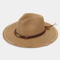 Straw sun hat with bohemian feather trim and fringe edge for summer beach vacation - M (56-58cm) / Khaki