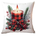 Housse de coussin Noël avec bougie à carreaux rouges et motif de houx festif - 45*45cm Peluche Courte Simple Face Sans Coeur / CRD16-10 (Bougie de Noël à Carreaux)