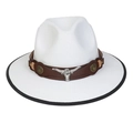 White cowboy hat with black trim, brown leather band and silver bull head emblem - M (56-58cm) / White (90 Series Bull Head Buckle Decor)