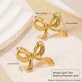 Golden stainless steel bow knot stud earrings with polished 3D ribbon design finish - Ribbon Pleated Bow (FYD6217)