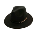 Detail of classic black wool felt fedora with a decorative golden chain strap - One Size / Black