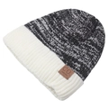 Berretto invernale in maglia crema e sale e pepe con dettaglio patch in pelle marrone - grigio scuro