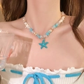 Collana con ciondolo a stella marina con pietre irregolari blu e bianche e perla - Stile Stella Marina a Goccia d'Olio con Perle Irregolari (1#)