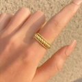 Elegant gold multi-layered braided ring with vintage beaded edges and glossy metallic finish - 14K Gold Style Triple Layer Ring (9346)