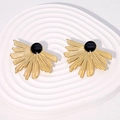 Elegant gold fan-shaped stud earrings with black center beads on a white tray - Black