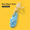 Blue slipper shaped dog chew toy with massage bumps and yellow white braided rope - Slipper with Rope Style / Blue