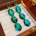 French vintage style long emerald green drop earrings with luxury gold accents - Silver Needle Rhinestone Oval Earrings