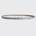 Slim light grey leather belt for women featuring a minimalist square silver metal buckle - Length 105cm Width 1.4cm / Gray