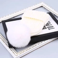 Winter rib-knit white beanie with fluffy large fur pom pom decoration - One Size / White