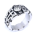 Close-up of retro stainless steel Masonic ring with black gemstone and intricate cut-out patterns - US Size 8 / Steel Color Zirconia Style