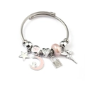 Detail of silver twisted bangle with pink moon, star, and Be My Valentine heart charms - Cat Moon Fairy (C2-011) / Pink