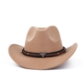 Front view of tan cowboy hat with leather band and silver bull head pendant detail - M (56-59cm) / Camel With Bull Skull
