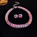 Sparkling crystal necklace and square earring set with vibrant colorful rhinestones - Pink Blue Green