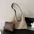 Beige woven straw tote bag with brown leather handles and matching small pouch - Coffee