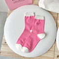Pink striped cotton crew socks with heart embroidery and white patchwork for women - One Size / Rose Red Heart