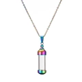 Macro view of a rainbow metal and glass openable perfume bottle pendant necklace - SSN-00309 / Rainbow