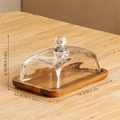 Rectangular acacia wood butter dish with transparent glass lid and dimensions display - Acacia Wood Set